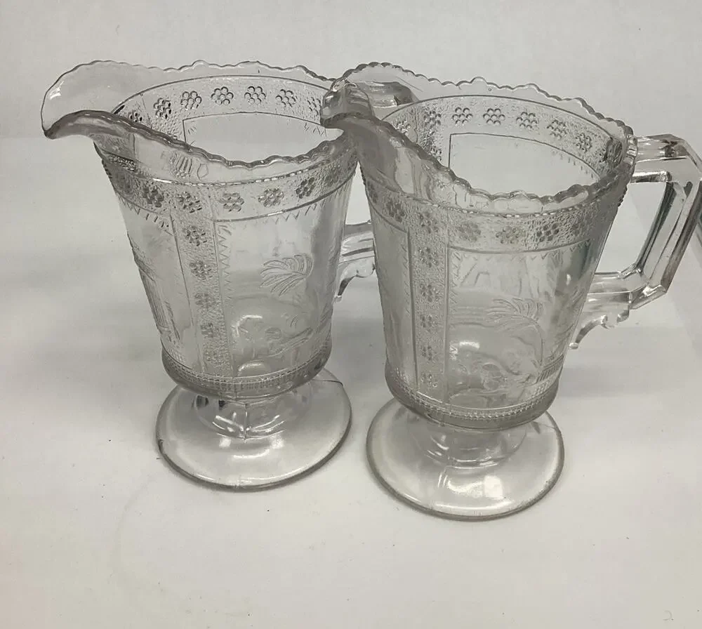 2 Antique Victorian 1880s Adams & Co. EAPG “Egyptian” Pattern Glass Pitcher – 6”
